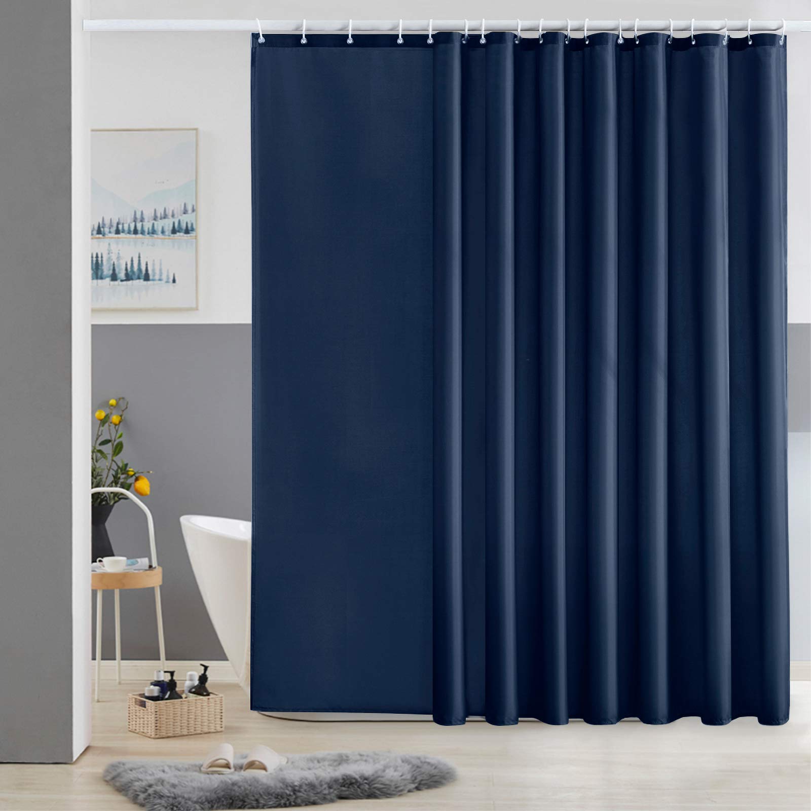 Furlinic Extra Wide Fabric Shower Curtain – Navy Waterproof – 108 x 72