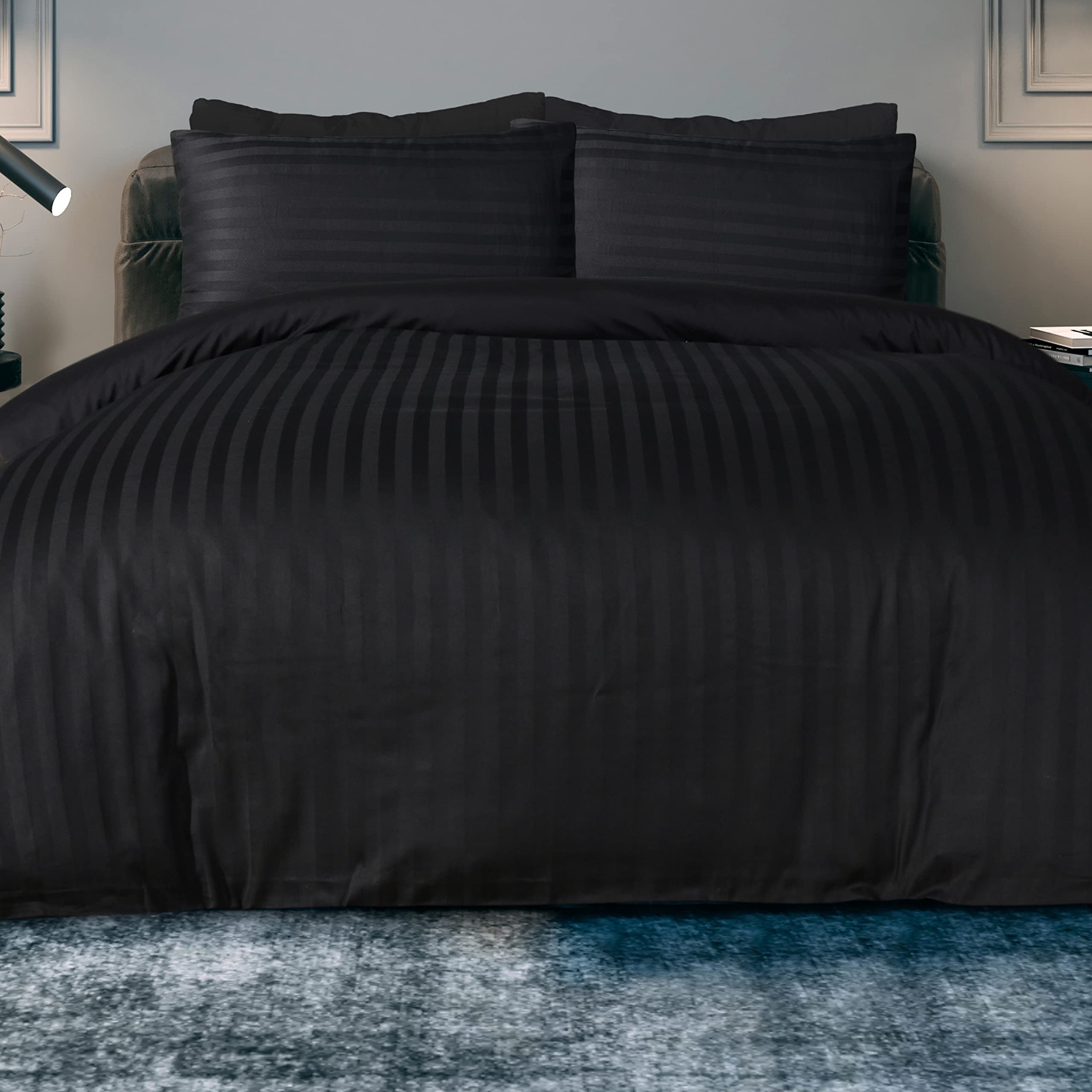 Sleepdown Black Satin Stripe Reversible Duvet Cover Set | Double Bedding