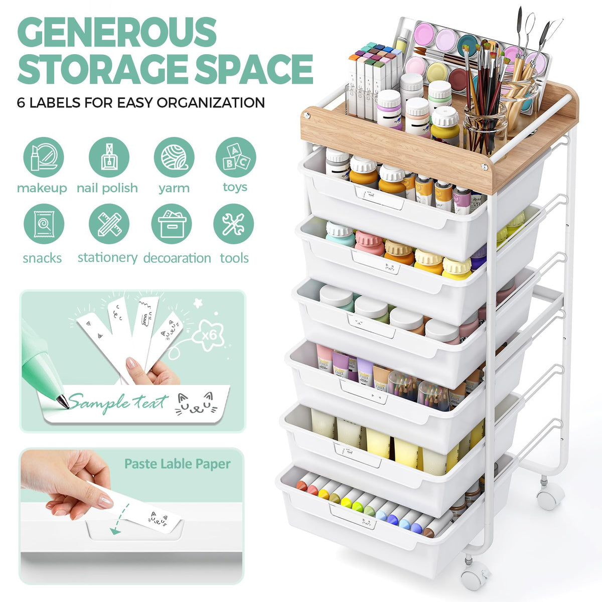 SYKIARIOL 6-Drawer Storage Cart, White