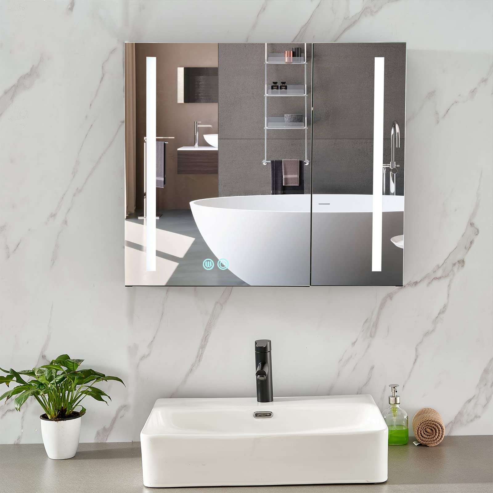 Plumbsys LED Bathroom Mirror Cabinet - 2 Door Anti-Fog Black 750x650mm