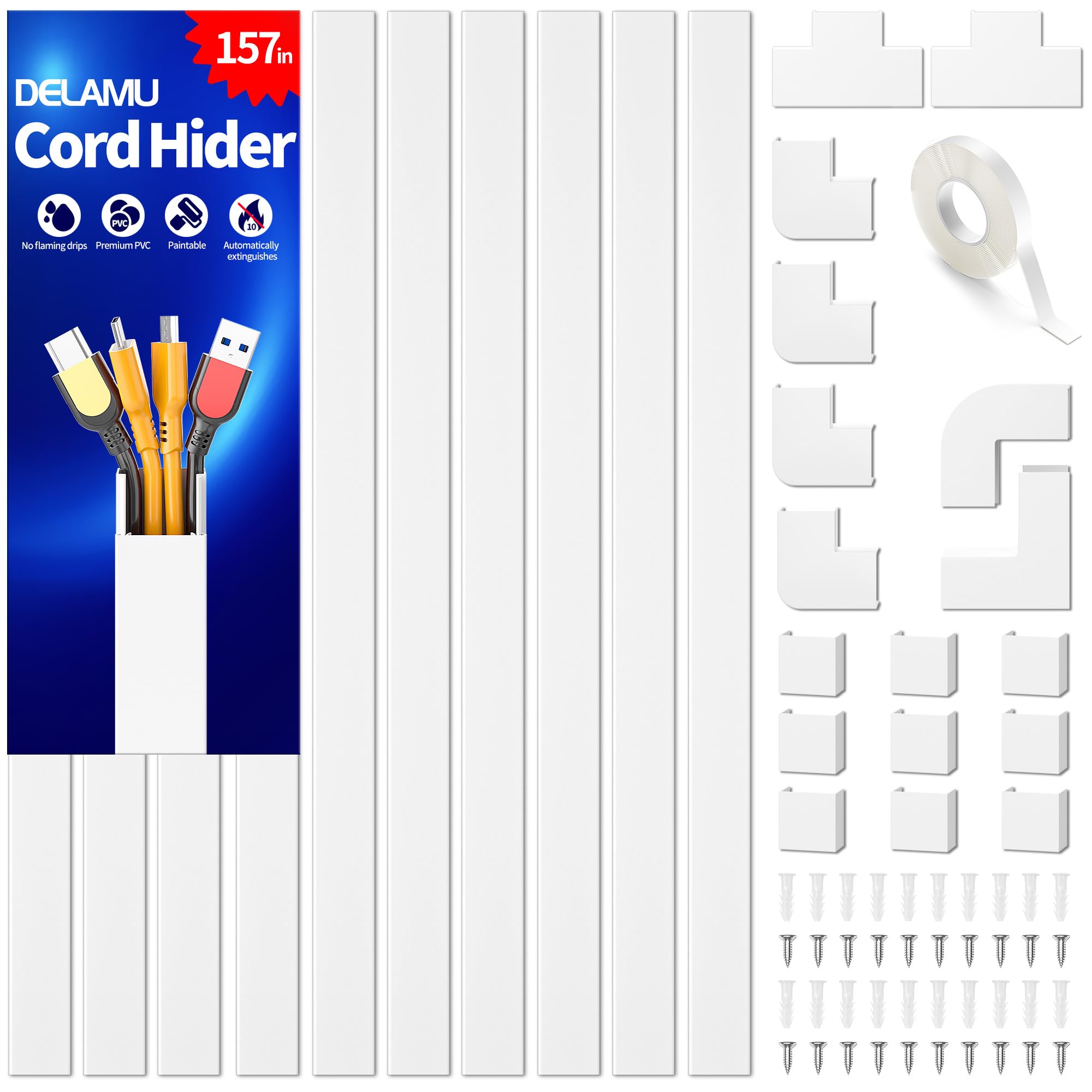 Delamu Electric Cable Trunking | 4M Self Adhesive Wire Hider Wall - White