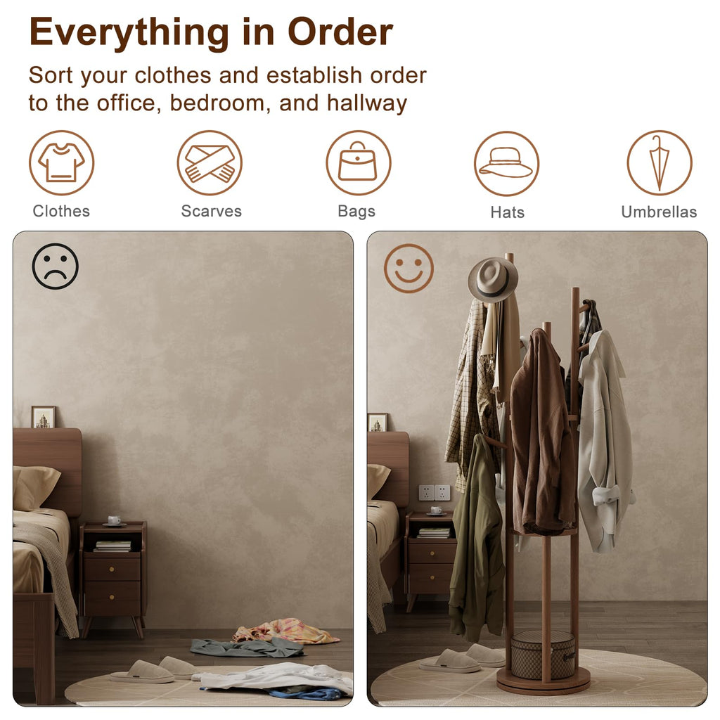 AQIMUELE Coat Stand, Wooden Coat Rack Stand with 3 Storage Shelves and 9 Hooks, Freestanding - Rotatable Coat Hanger Stand - image 4