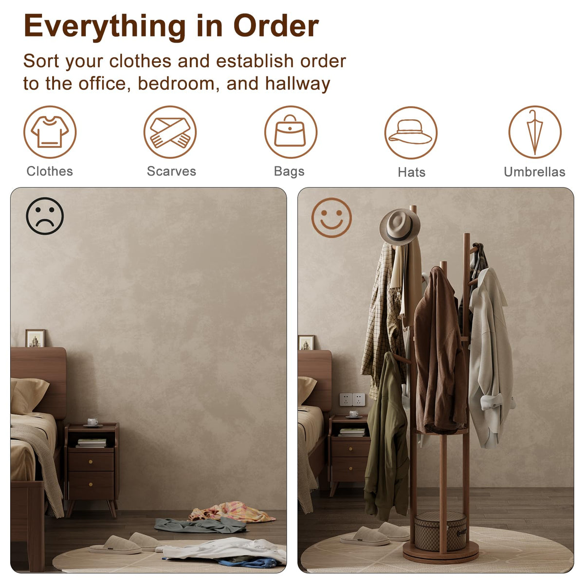 AQIMUELE Coat Stand, Wooden Coat Rack Stand with 3 Storage Shelves and 9 Hooks, Freestanding - Rotatable Coat Hanger Stand - image 4
