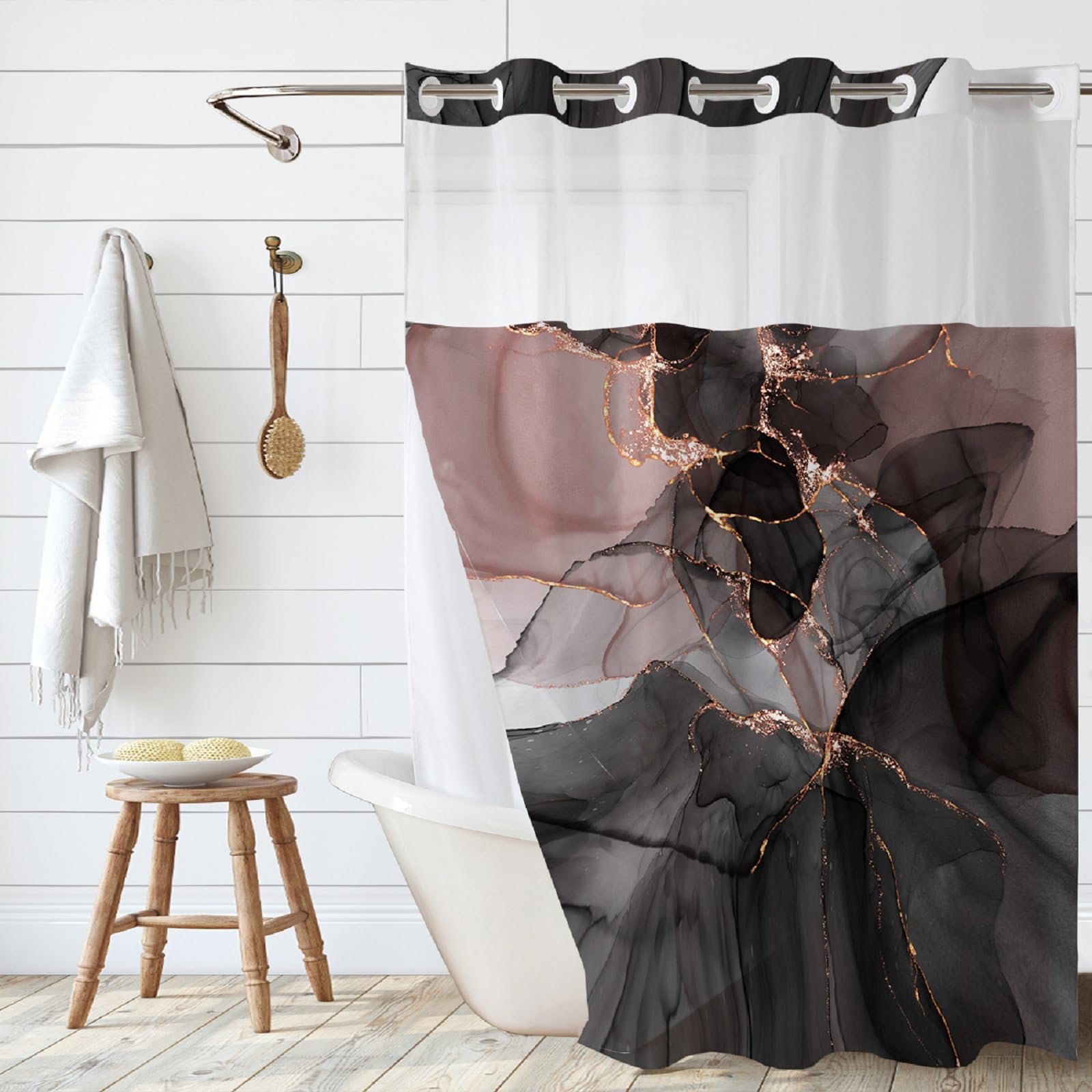 Wohnvoraus Ombre Mountain Shower Curtain – Hookless Navy Fabric with Liner