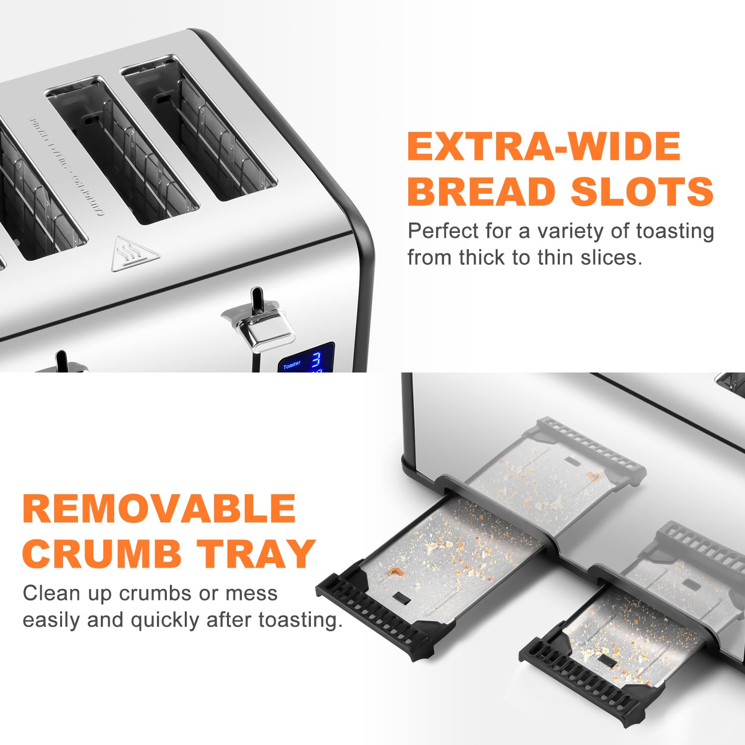 Cusimax 4-Slice Stainless Steel Toaster with LED Display & Wide Slots