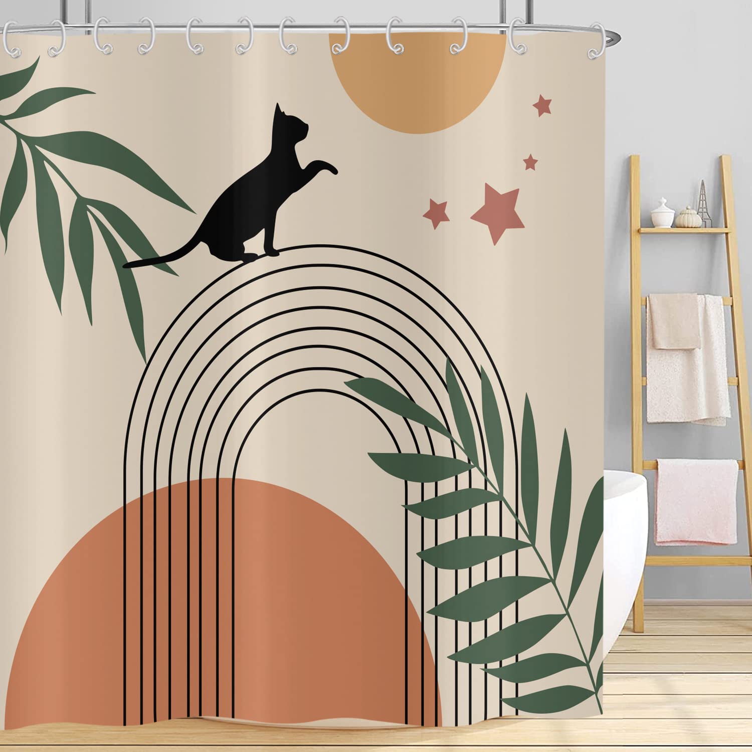 Hnmdmyi Boho Cat Shower Curtain | Mid Century Modern Polyester, 71x71