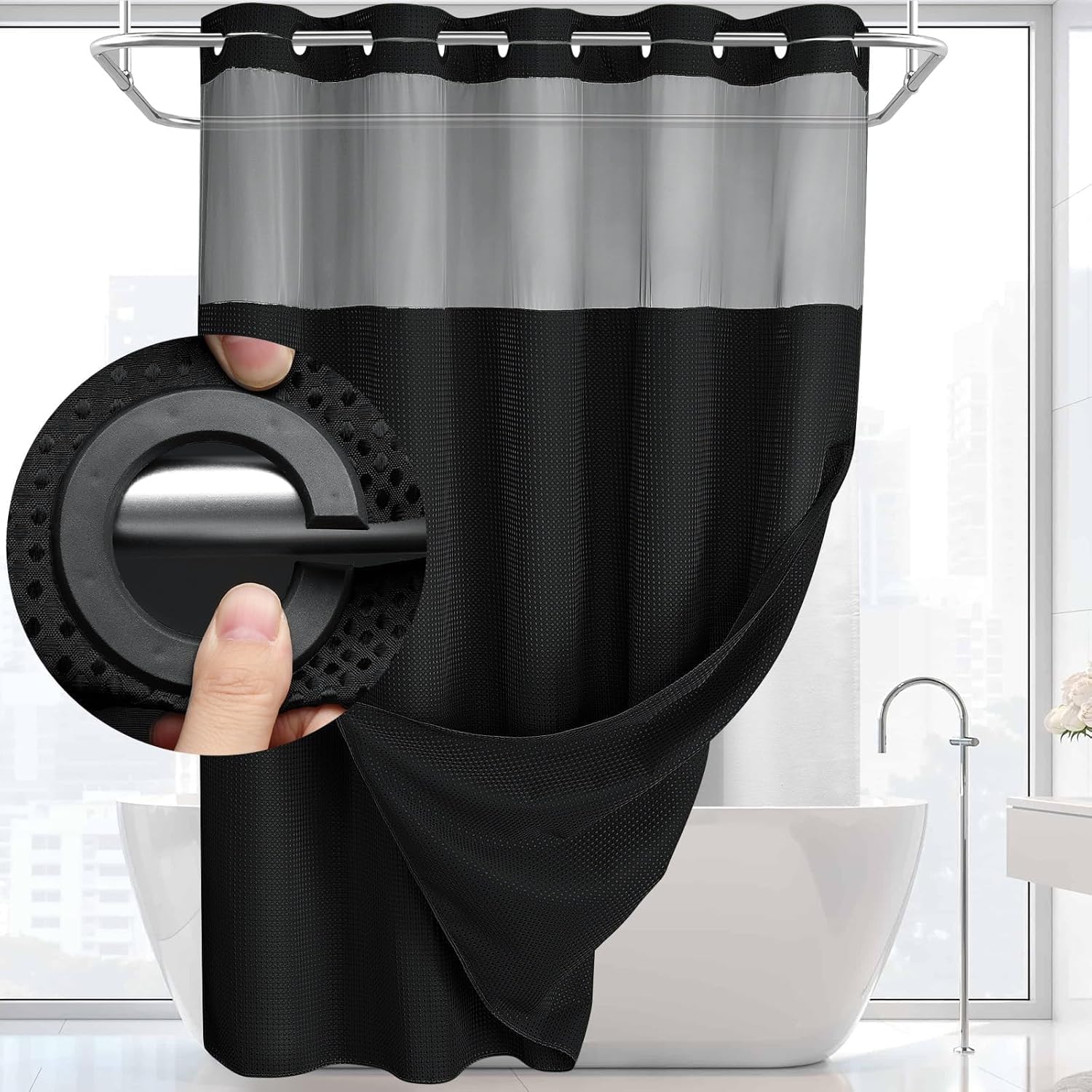 ALINK No Hook Waffle Shower Curtain with Snap-in Liner - Black, 72x75