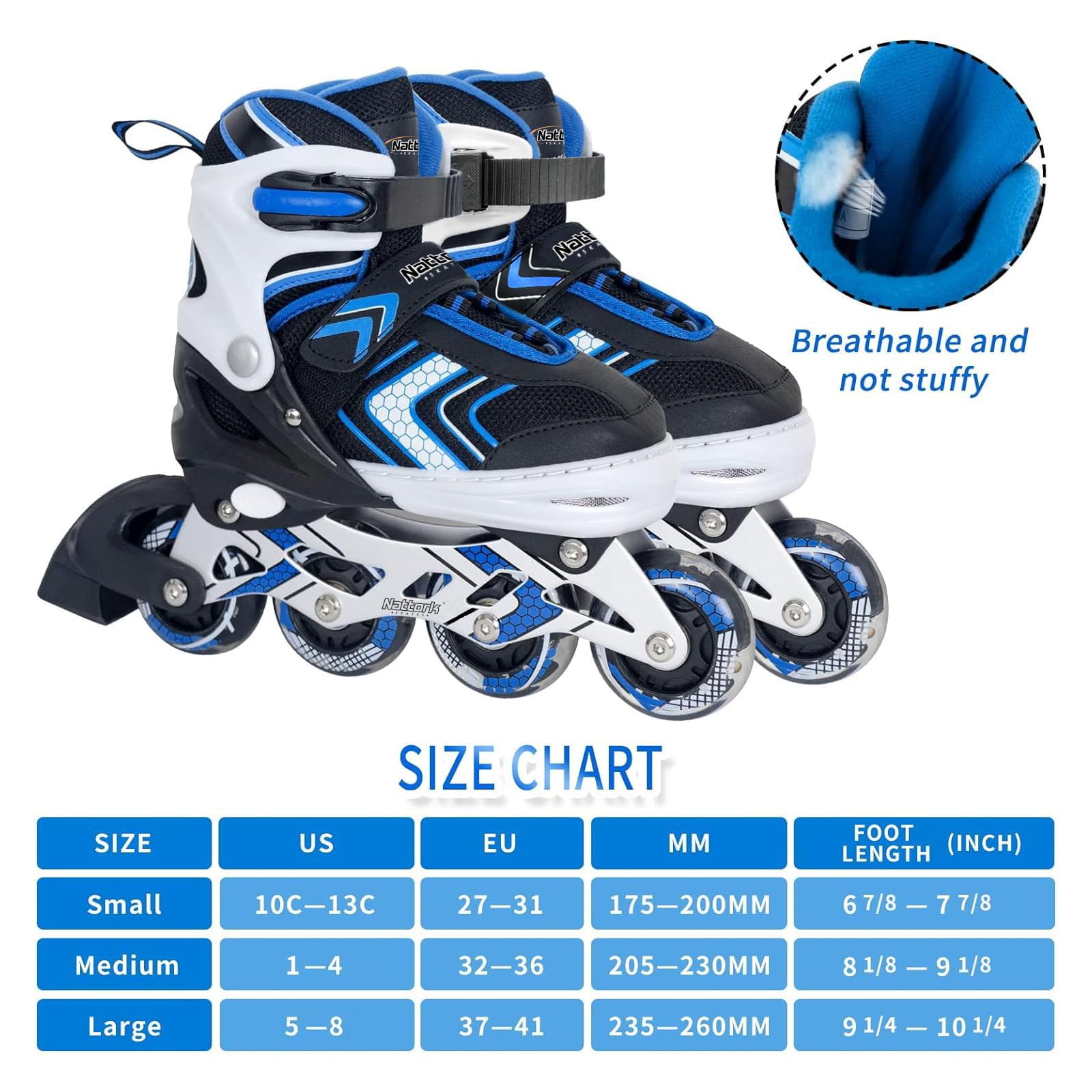 Nattork Adjustable Inline Skates for Boys – Light Up Wheels, Blue Size 6-12