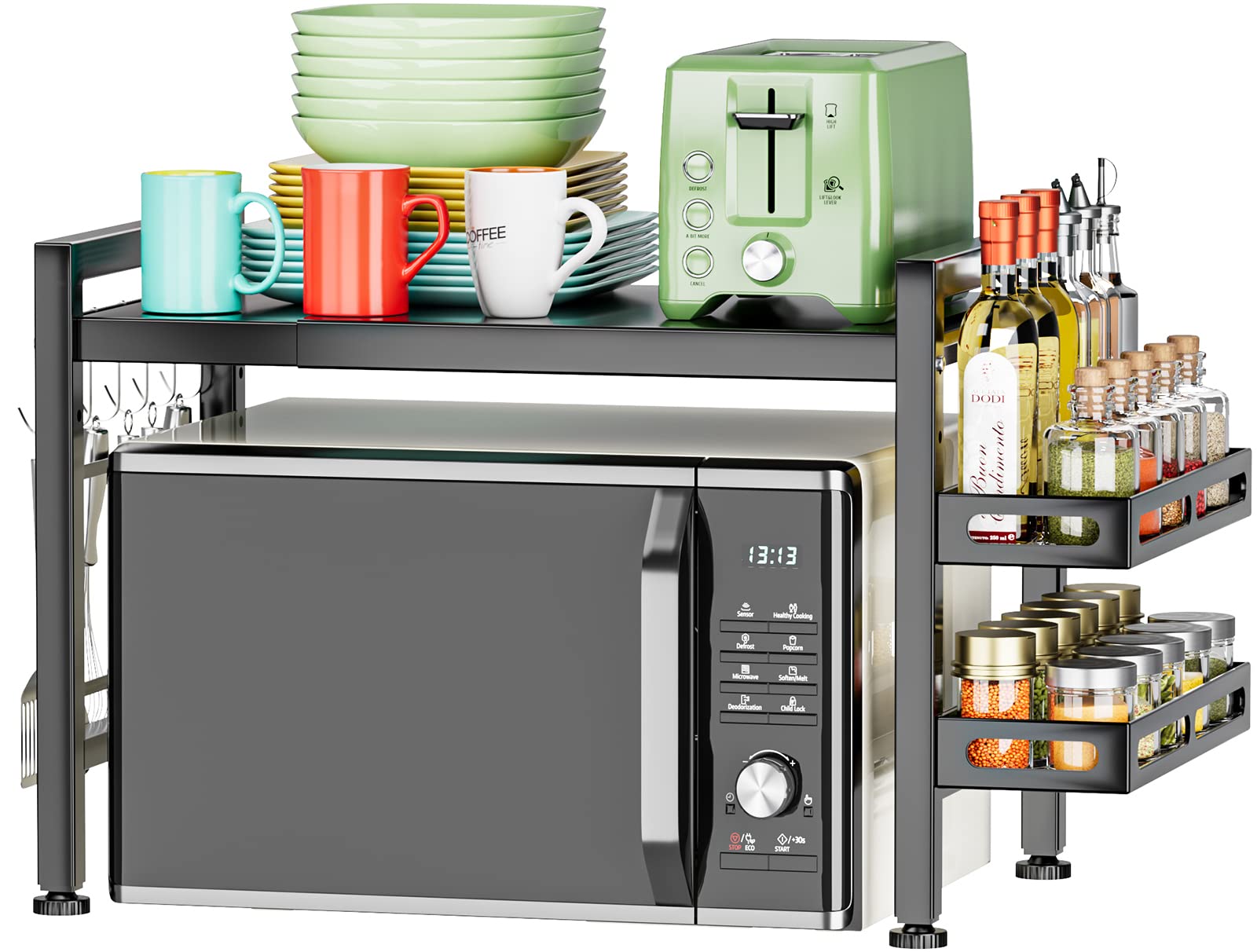 EKNITEY Extendable Microwave Oven Rack | 2-Tier Kitchen Shelf with Hooks