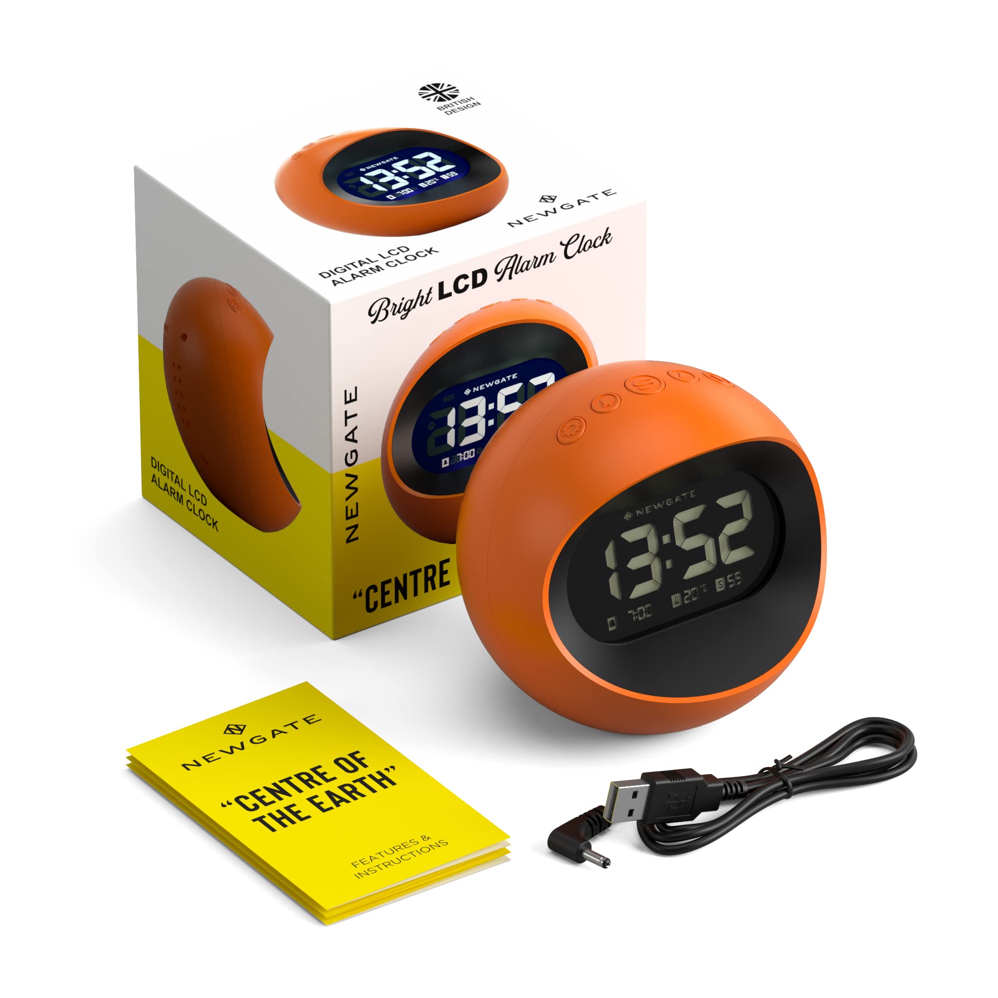 Newgate Earth Centre Digital Alarm Clock – Orange Acrylic Bedside Desk Clock