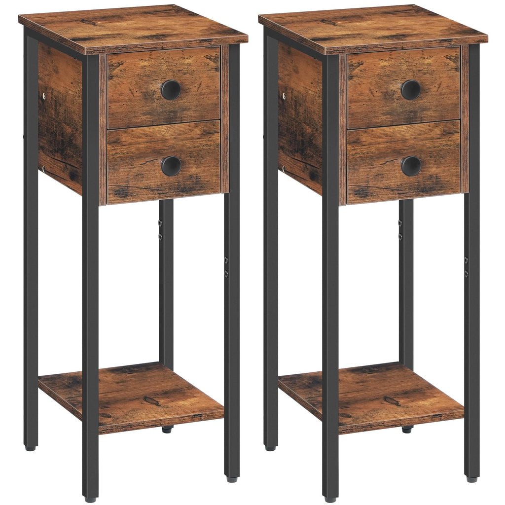 HOOBRO Narrow Bedside Table Set of 2 | 2-Drawer Slim Nightstand, Rustic Brown