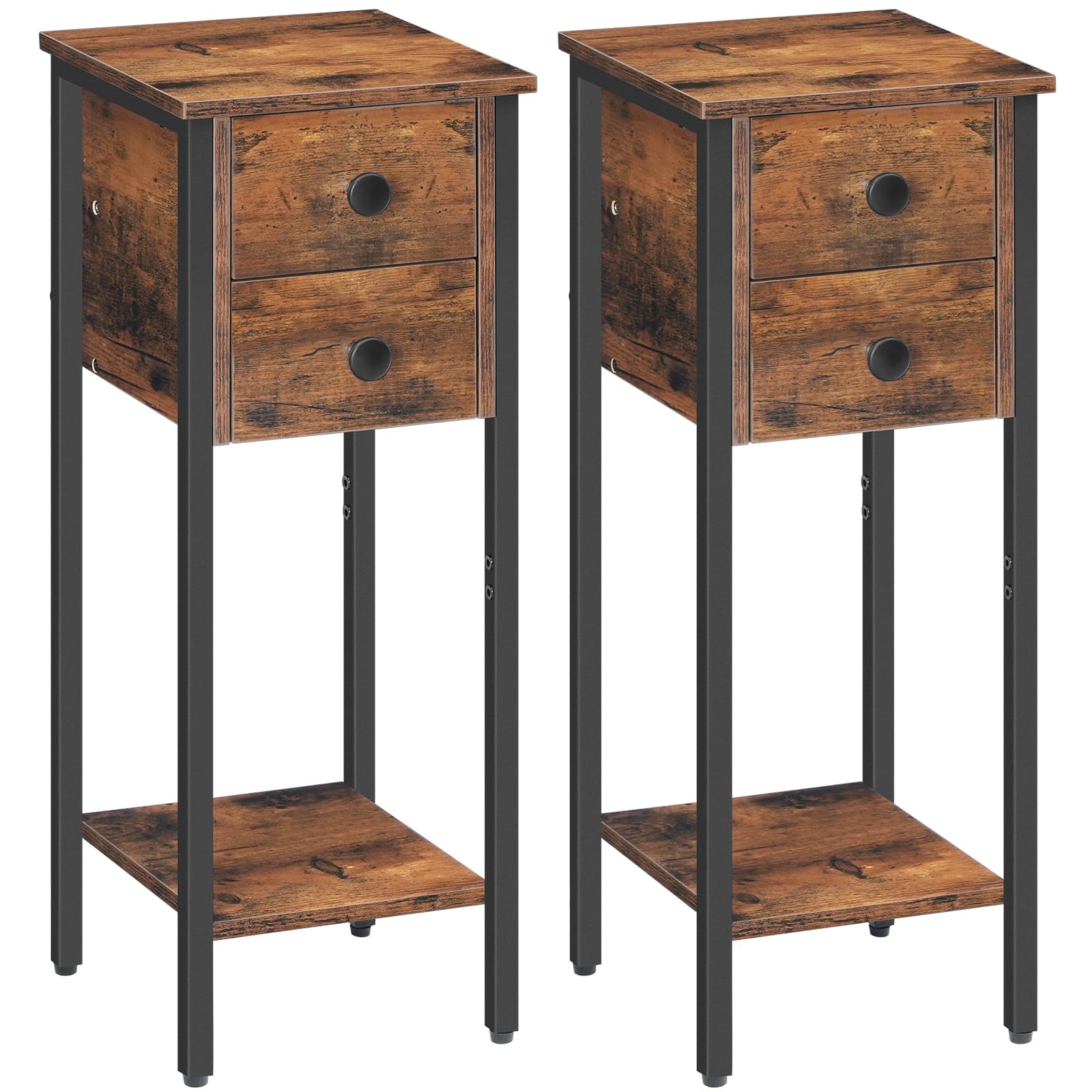 HOOBRO Narrow Bedside Table Set of 2 | 2-Drawer Slim Nightstand, Rustic Brown