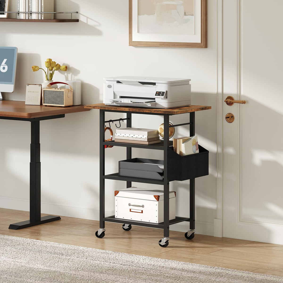 MAHANCRIS 4-Tier Printer Stand, Rolling Printer Table on Wheels, Industrial Storage Stand with Side Pocket, Wooden Tabletop - image 2