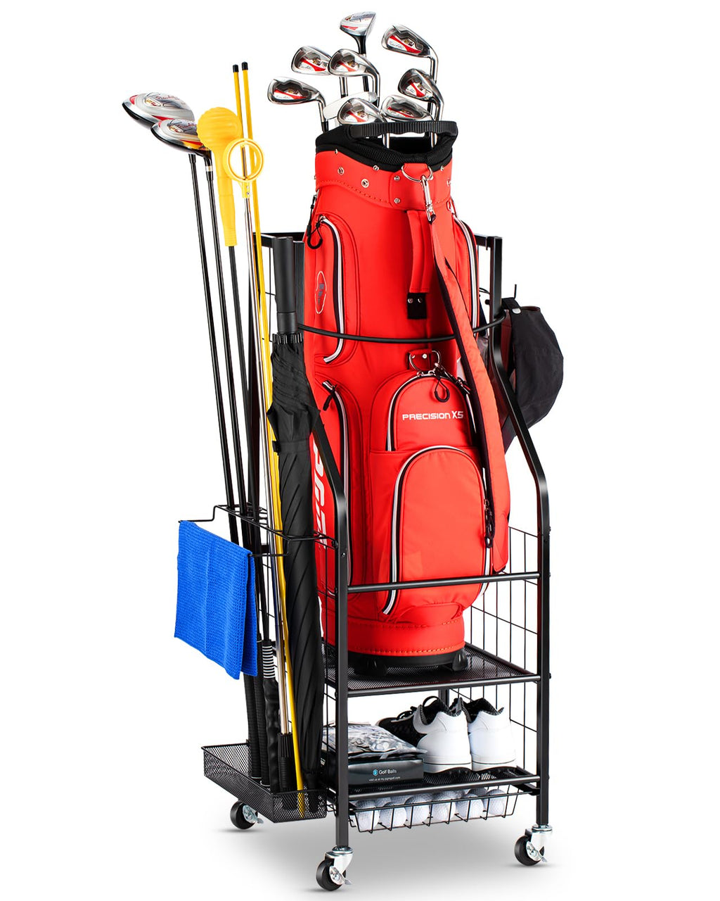 Rolling Golf Bag Storage Rack – 3-Tier Steel Garage Organizer