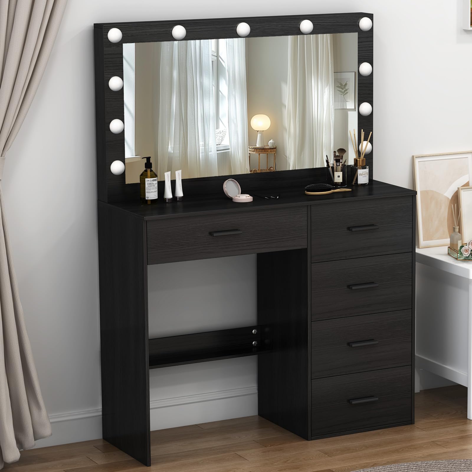 Buildonely Vanity Desk with LED Mirror | 5 Drawers Modern Dressing Table