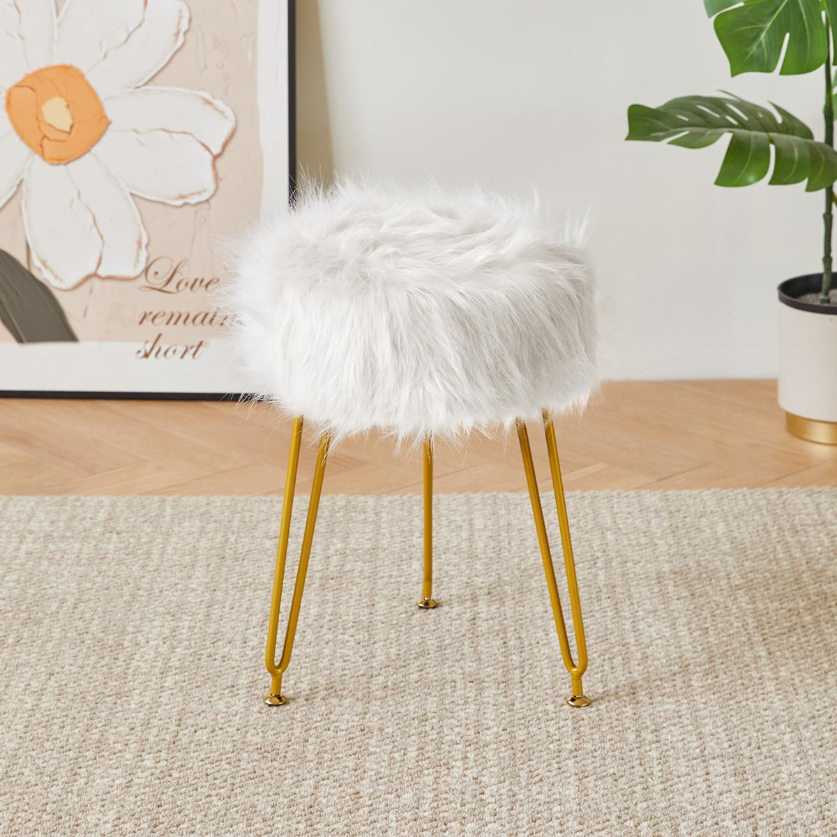 IBUYKE Faux Fur Vanity Chair, Furry Makeup Stool Ottoman, White L/G-32W - image 2