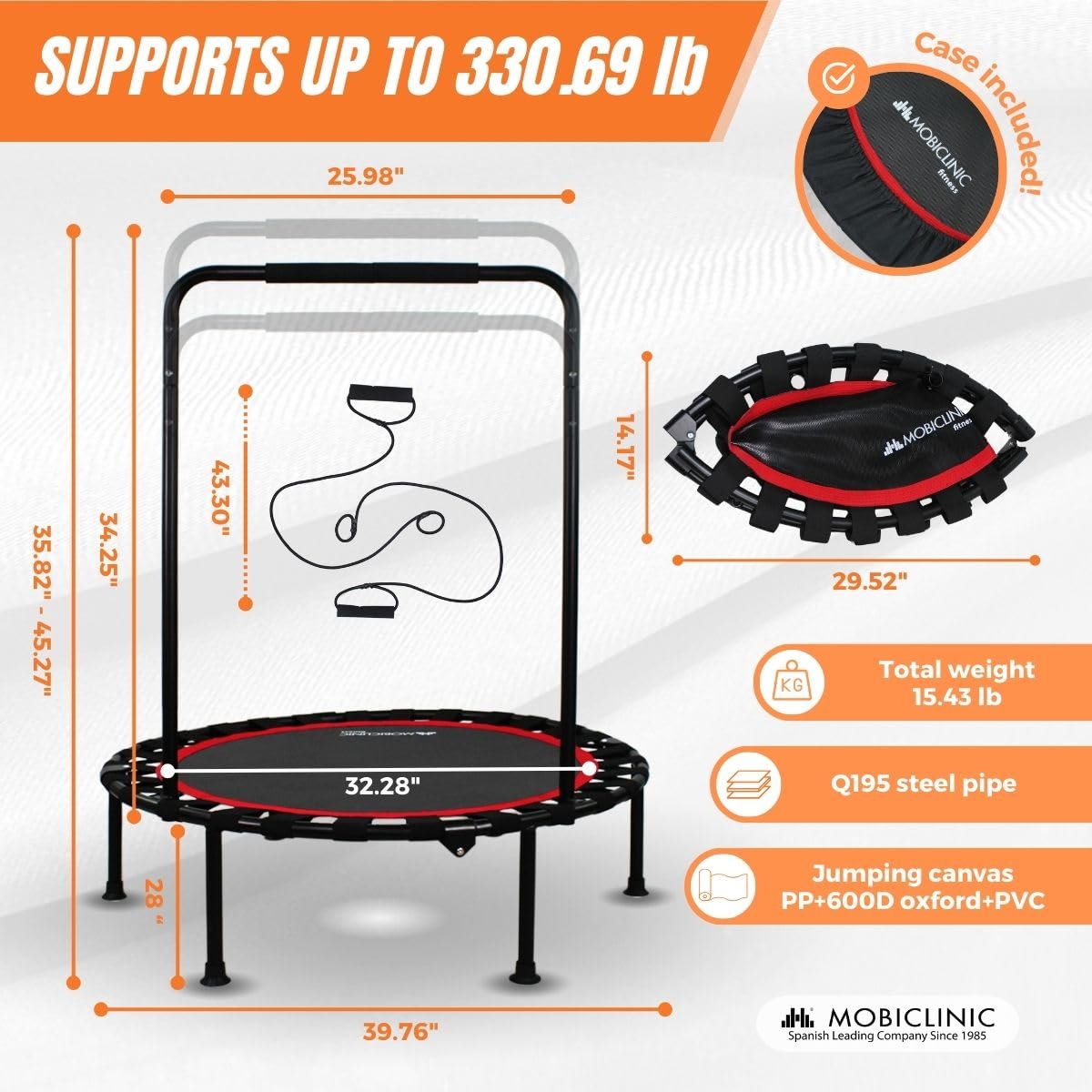 Mobiclinic 40 Inch Foldable Fitness Trampoline with Adjustable Handle