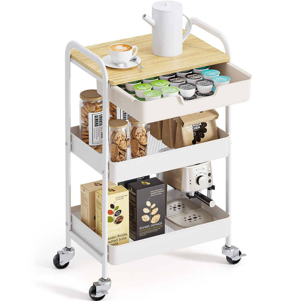 KINGRACK 3-Tier Rolling Utility Cart with Wooden Board and Drawer
