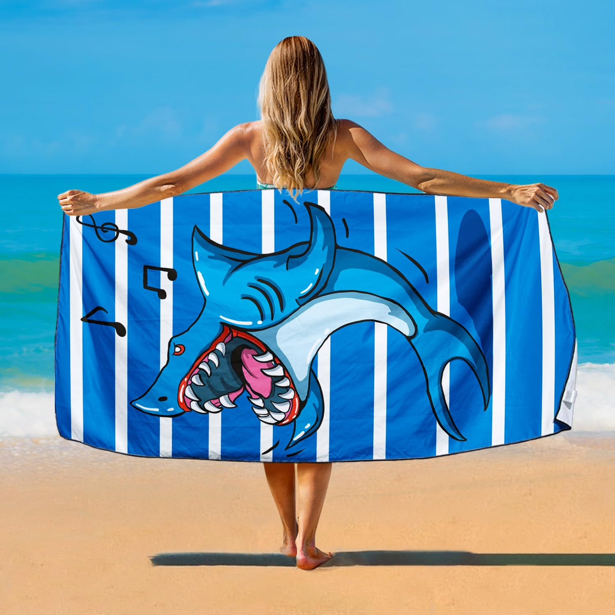 Violetpos Singing Shark Stripe Beach Towel, Extra Large 180x90 cm 250GSM Microfibre, Sand Free Quick Dry - image 2