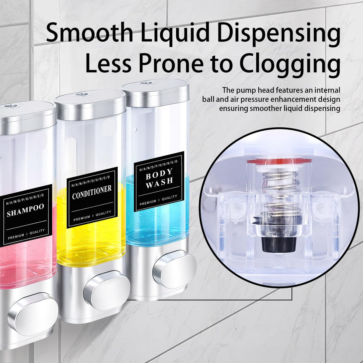 3 Chamber Shampoo and Conditioner Dispenser, Wall Mounted, 300 ml, Silver - image 4