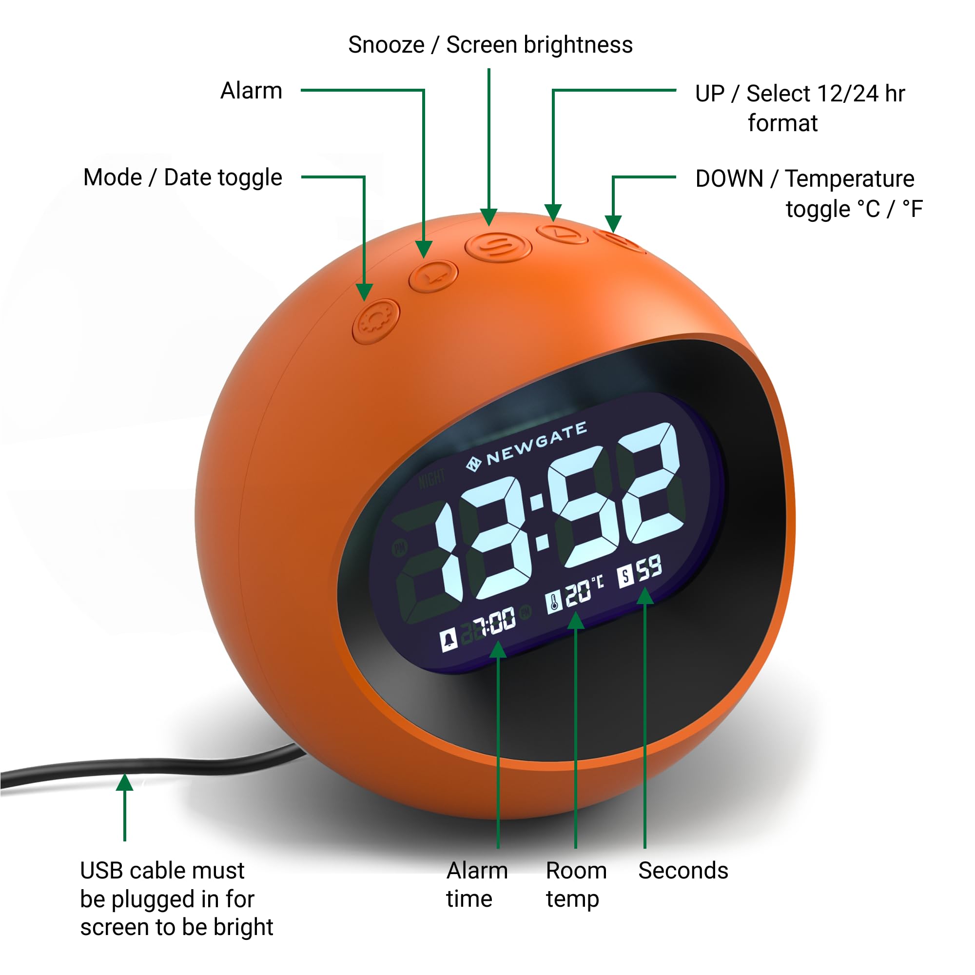 Newgate Earth Centre Digital Alarm Clock – Orange Acrylic Bedside Desk Clock