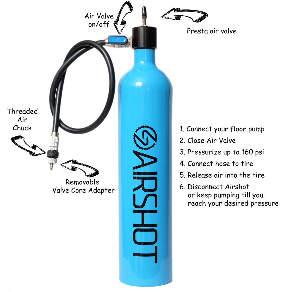 Airshot Tubeless Inflator Tank for Bicycle Tires – Blue, 30oz Capacity