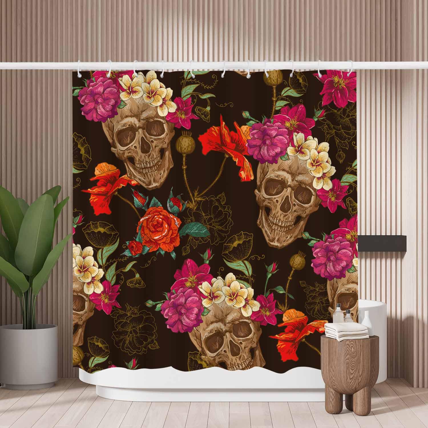 Woutay Skull Flowers Shower Curtain | Mold Resistant Waterproof Fabric