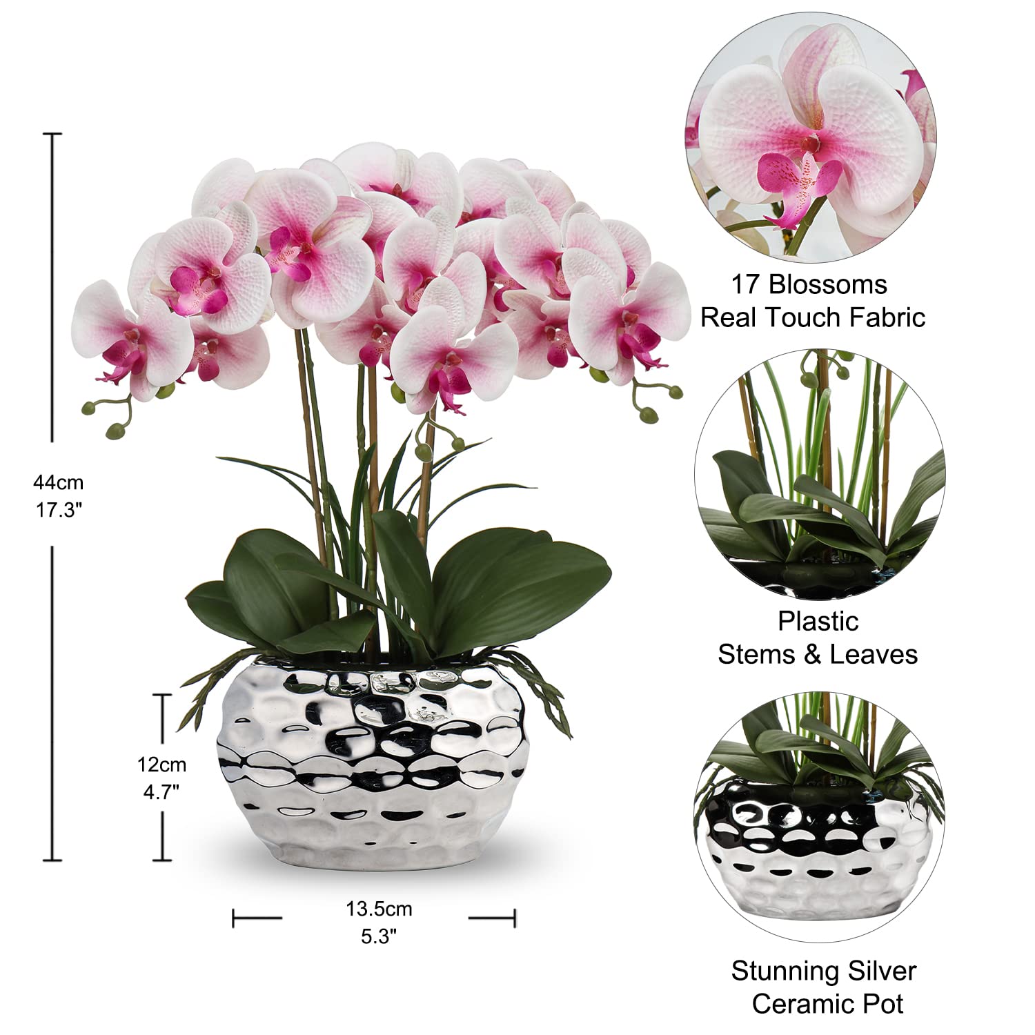 Briful 17" Real Touch Artificial Phalaenopsis Orchid in Silver Ceramic Pot