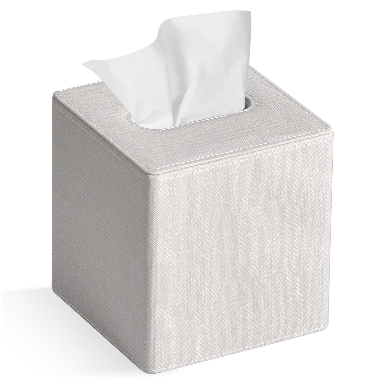 GOLRANLYE Square PU Leather Tissue Box Cover – Linen Beige Holder