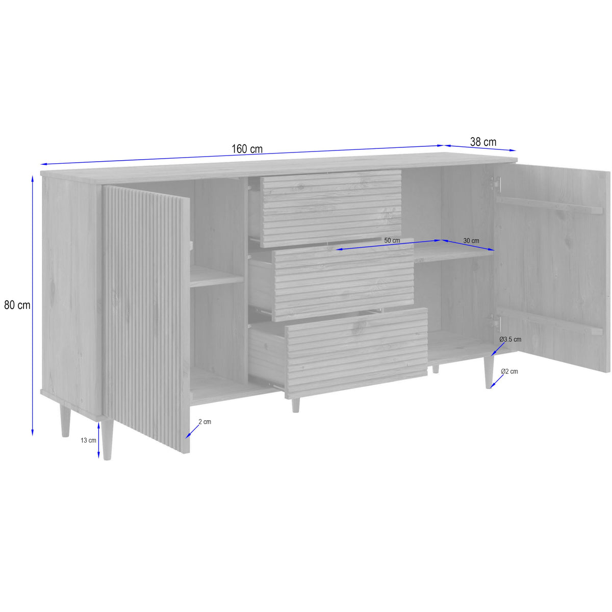 Jerzy Sideboard 160 cm with 2 doors 3 Drawers in Stain Wax, 38x160x80cm DxWxH