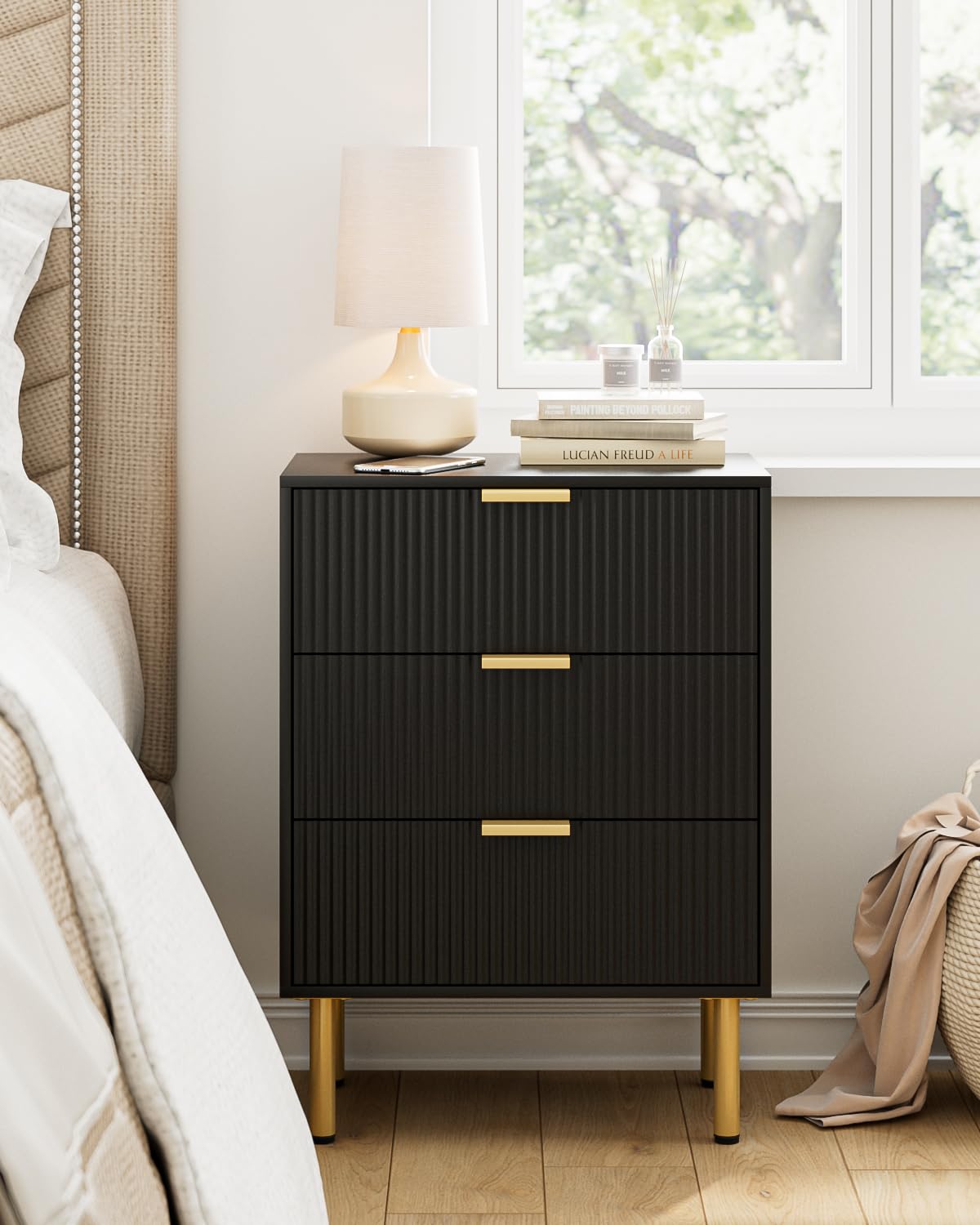 Apetaccat Bedside Table with 3 Drawers, Modern Bedside Cabniet with Metal Legs, Fluted Nightstand, Side Table for Bedroom, Living Room, Office - image 3