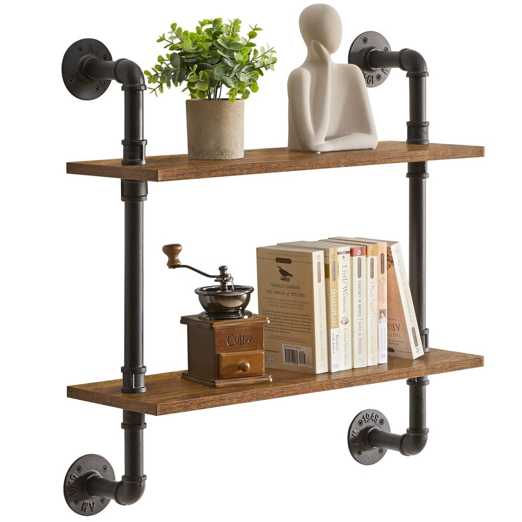 YMYNY 2-Tier Industrial Pipe Wall Mount Shelves | Rustic Wood Storage