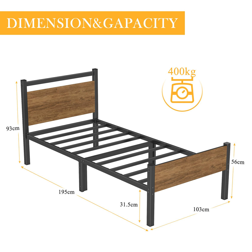 Yornoli Single Metal Platform Bed Frame with Wood Headboard & Storage