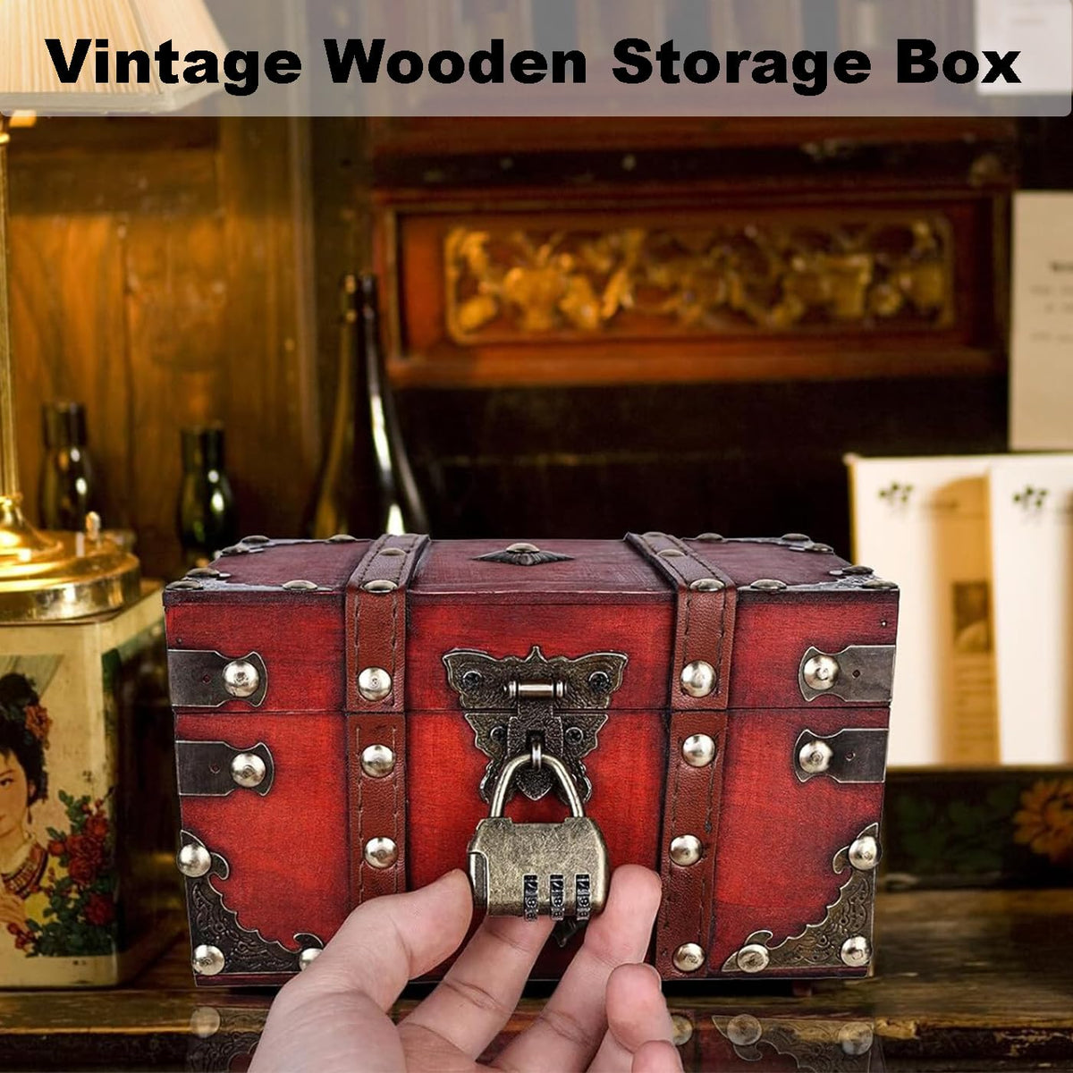 AOTOPYU Treasure Chest Children's Birthday Pirate Chest Gift Box Lockable with Lid and Lock Wooden Chest M: 22 x 15 x 14 cm