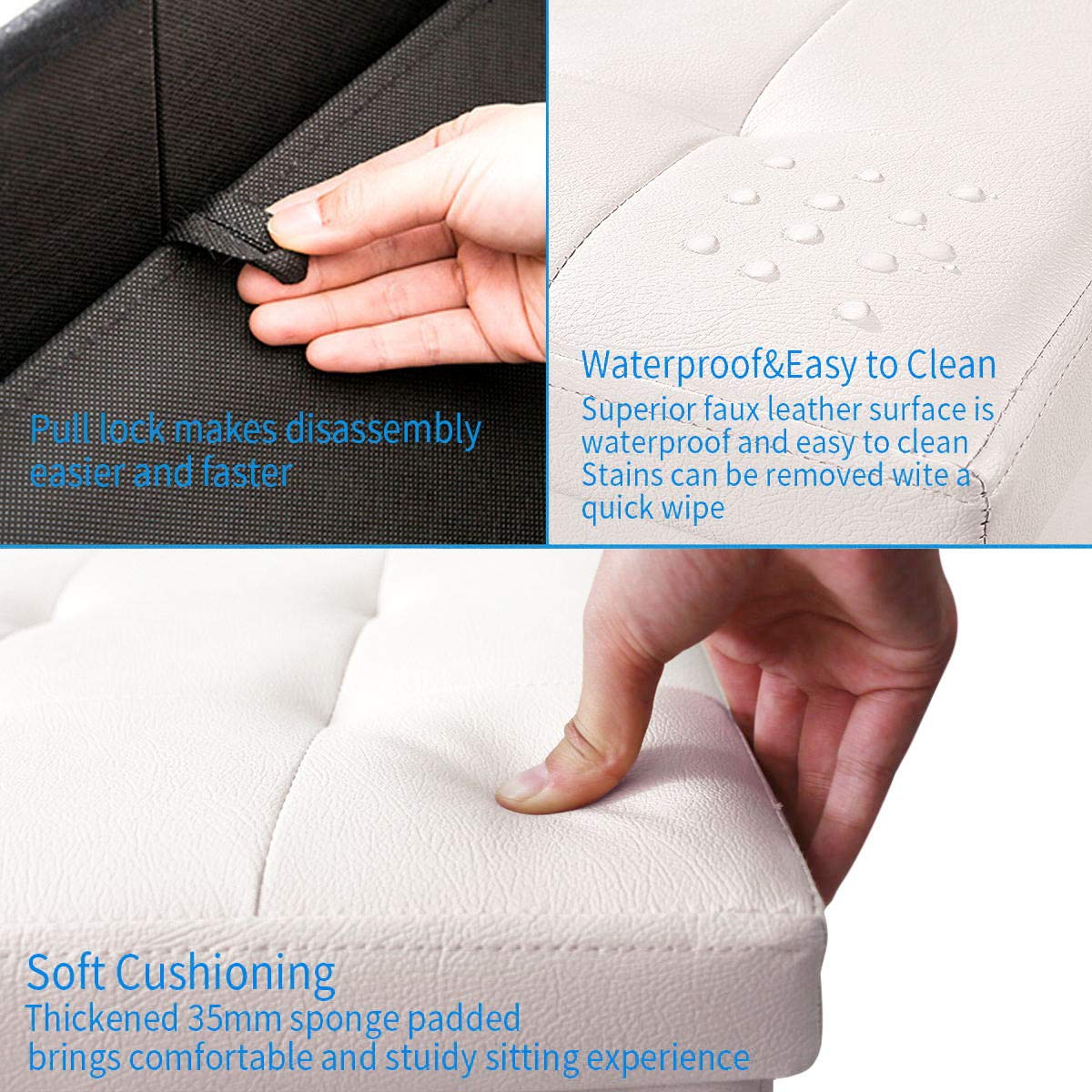 BRIAN & DANY Folding Ottoman Storage Box with Lid, Faux Leather Footstool Toy Storage Box Storage Seat 38 x 38 x 38 cm White
