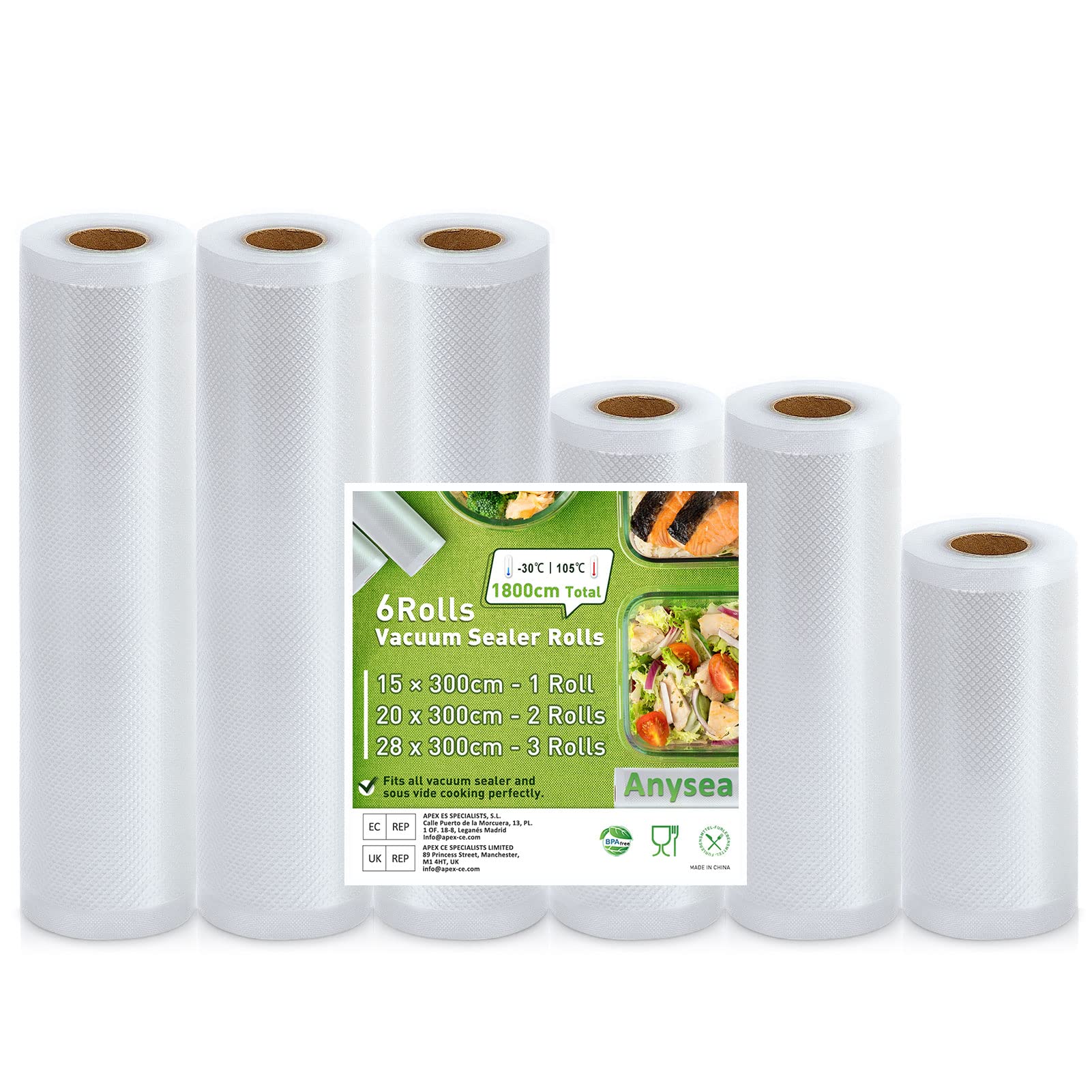 Anysea Vacuum Sealer Rolls - 6 Pack BPA-Free Heavy Duty Food Saver Bags