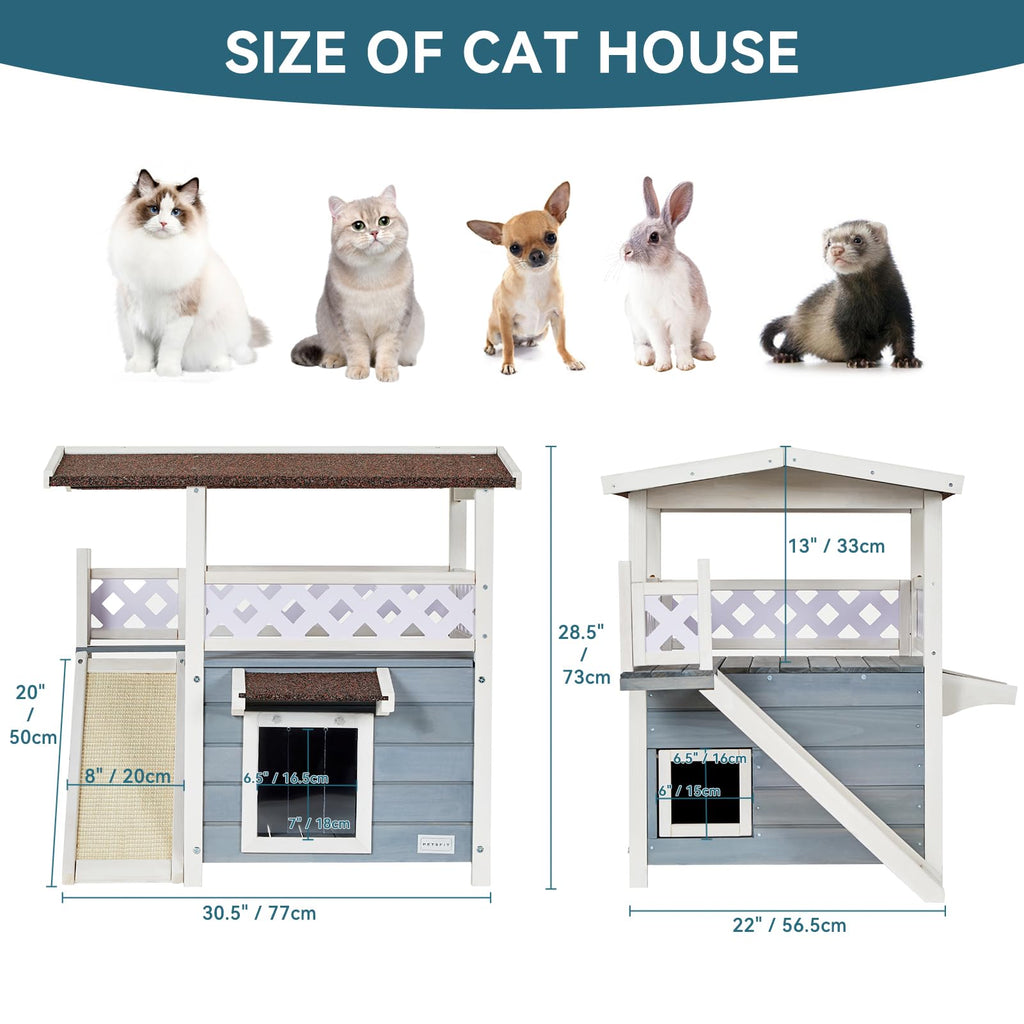 Petsfit 2-Story Wooden Outdoor Cat House - Waterproof Shelter with Balcony