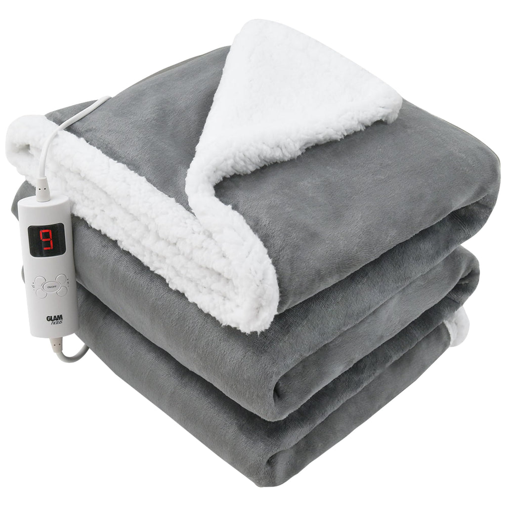 GlamHaus Heated Throw Electric Fleece Blanket - 160x130cm Reversible Grey
