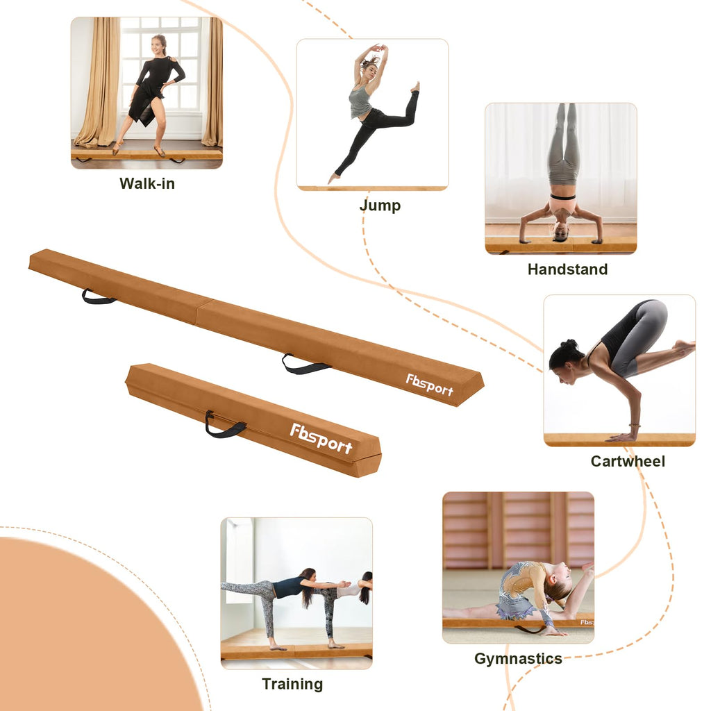 FBSPORT 270cm Folding Gymnastics Balance Beam – Suede Floor Beam, Brown