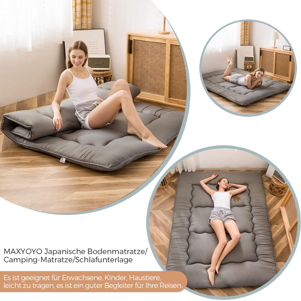 MAXYOYO Japanese Floor Futon Mattress, Thicken Tatami Sleeping Pad Foldable Roll Up Dormitory Mat Pad Floor Lounger Pillow Bed Charcoal Grey, Double
