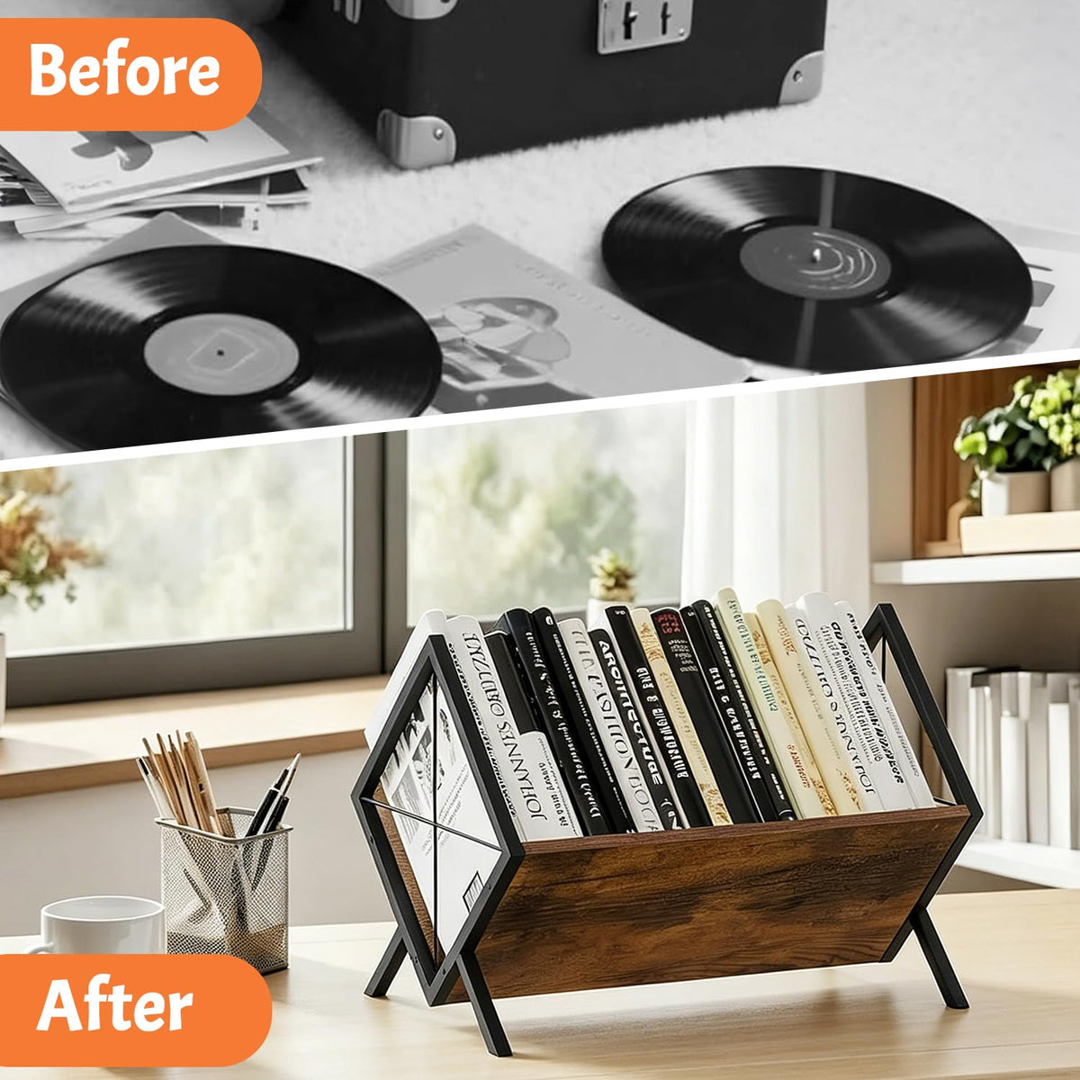 24LP Vinyl Record Storage Rack, Wood & Iron Rack with Adjustable Divider - image 3