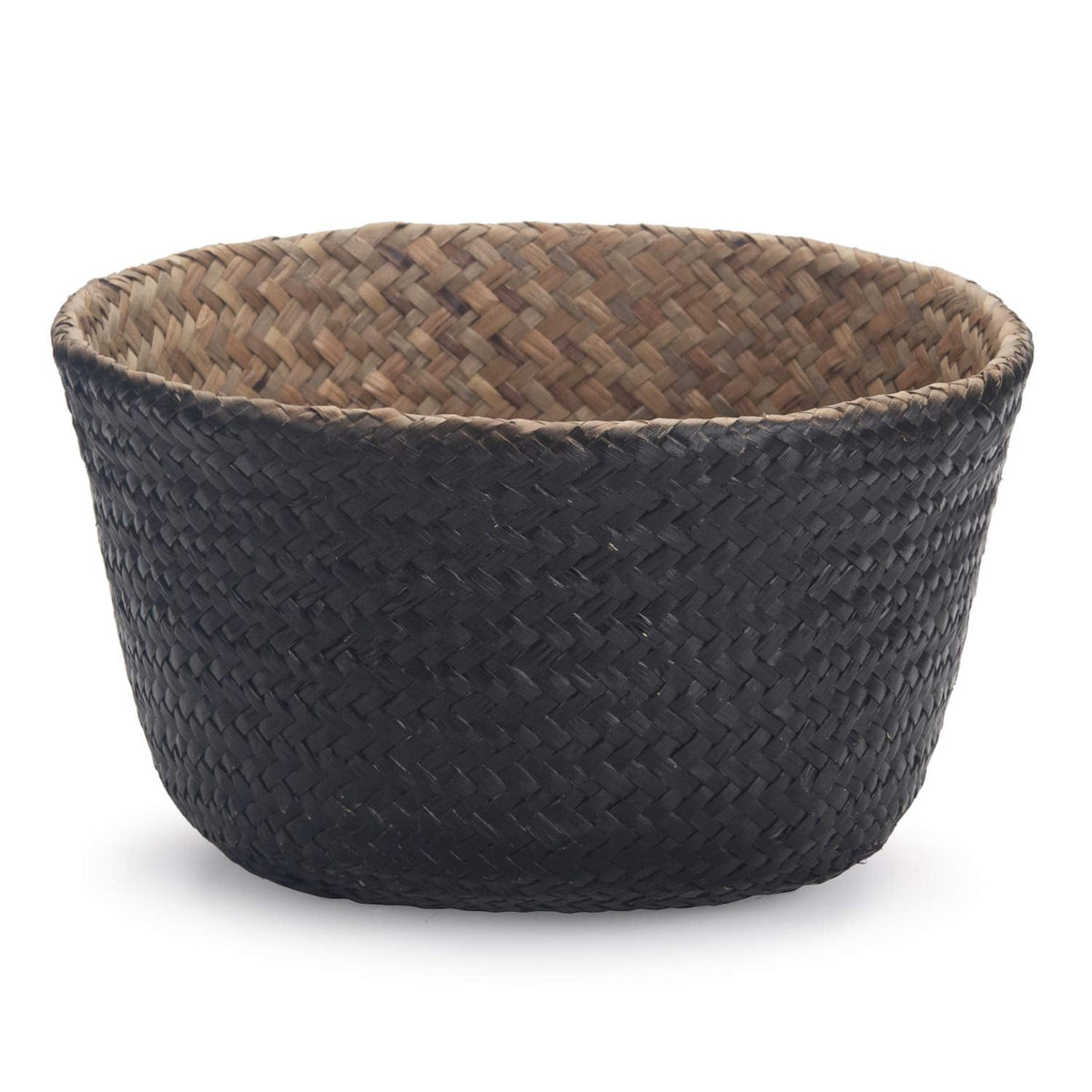 Seagrass Belly Basket Natural Woven Plant Pot Foldable with Handles for Storage Laundry Blankets Toys Natural + Black