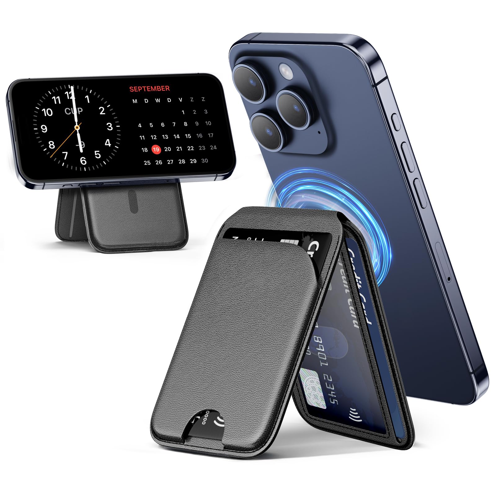 Wtuhu Magnetic Leather Wallet Stand for iPhone 16/15/14/13/12 | Black