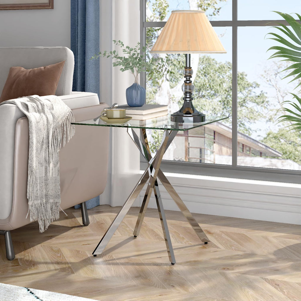 GOLDFAN Small Glass Table, Sofa Side Table with Silver Chrome Legs Modern Night Stand Side Tables Bedroom Square End Tables Living Room HomeSILVER - image 1