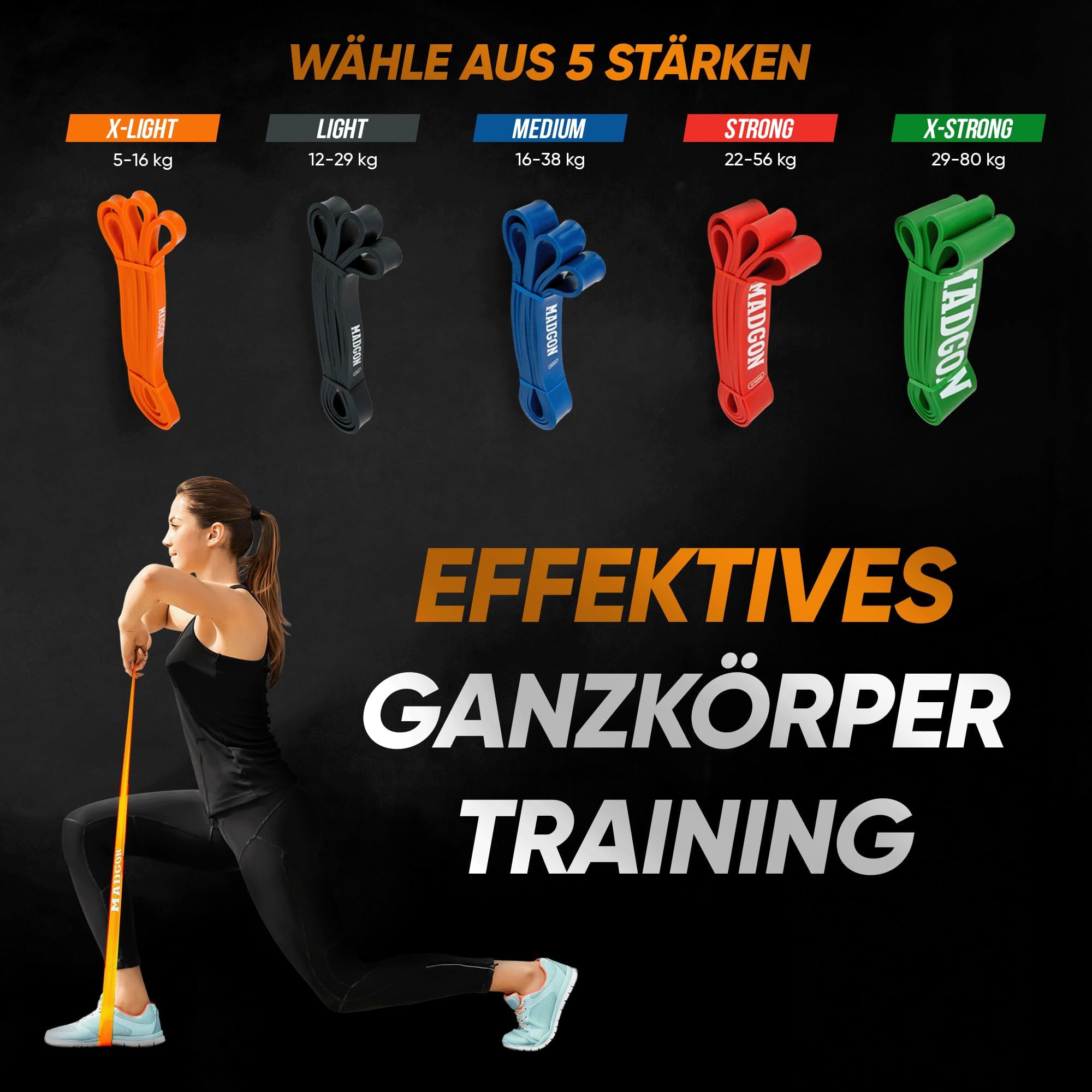 MADGON Resistance Bands – 5 Levels Tearproof Exercise Bands with Bag