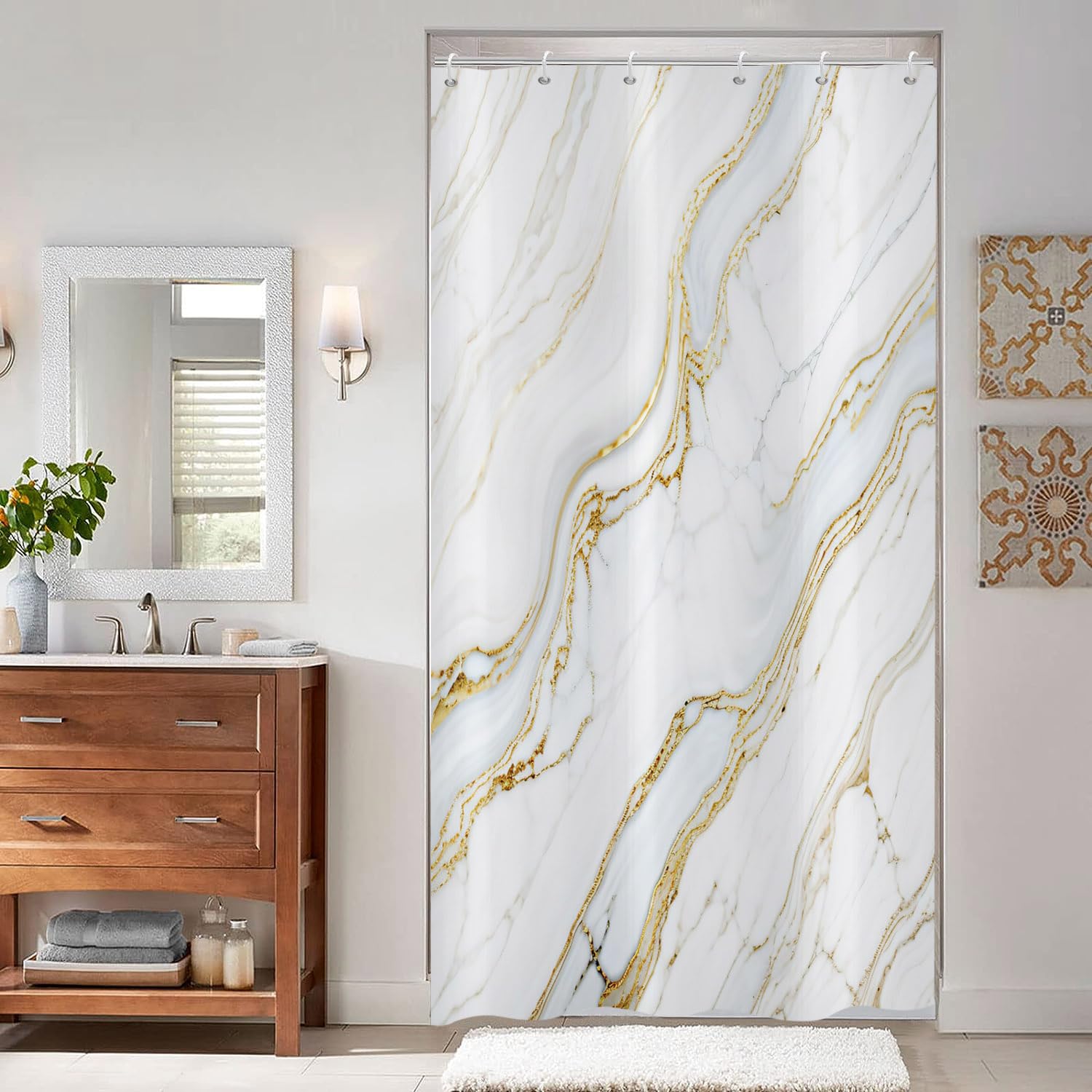 Jolof Store Marble Shower Curtain – White Gold Abstract Polyester 90x180cm