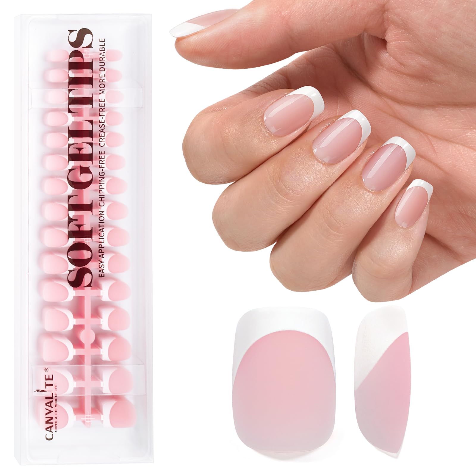 Canvalite 180PCS Short Square Press On Nails | White French Tip Gel Nails