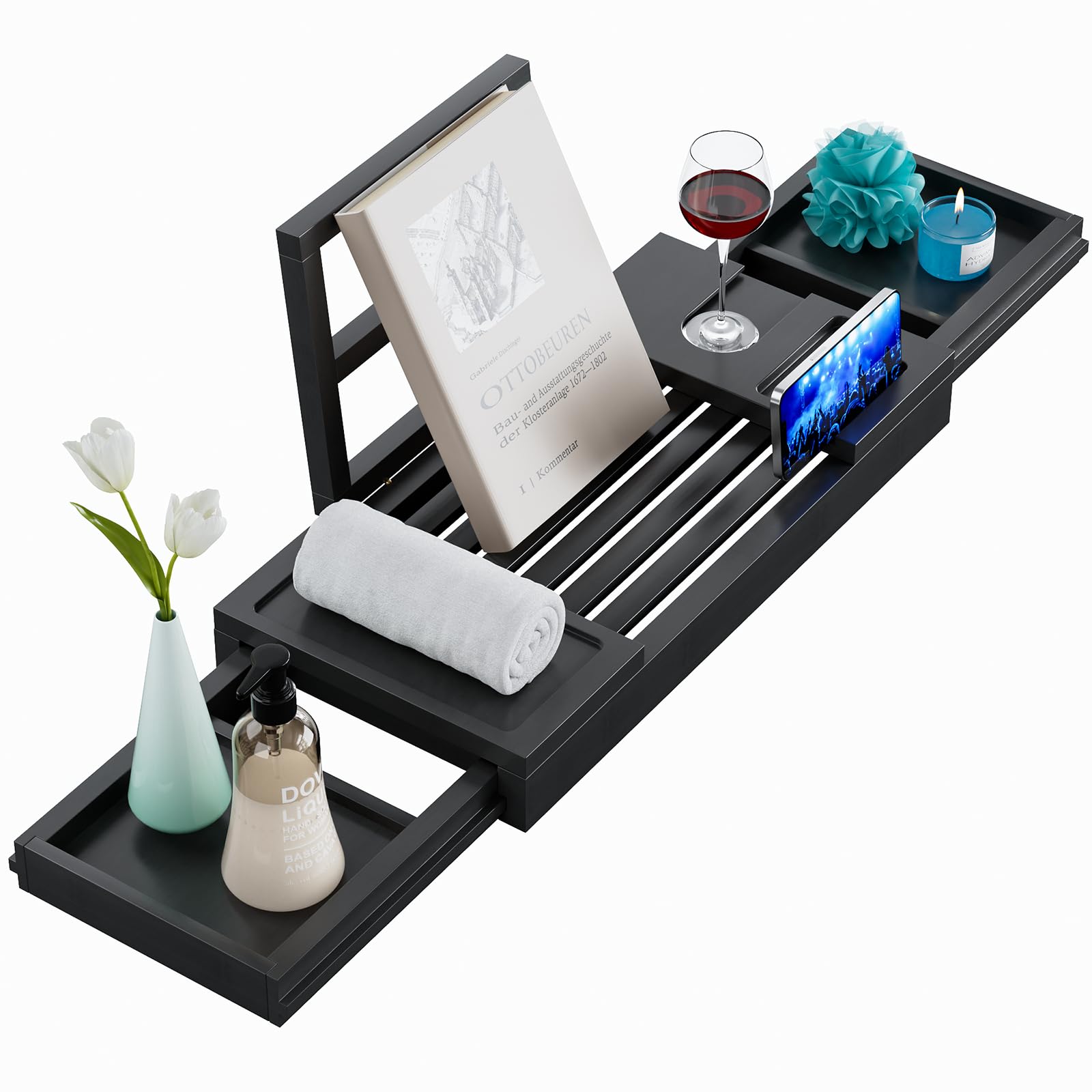 Yirilan Bamboo Bathtub Tray – Expandable Waterproof Bath Caddy, Black