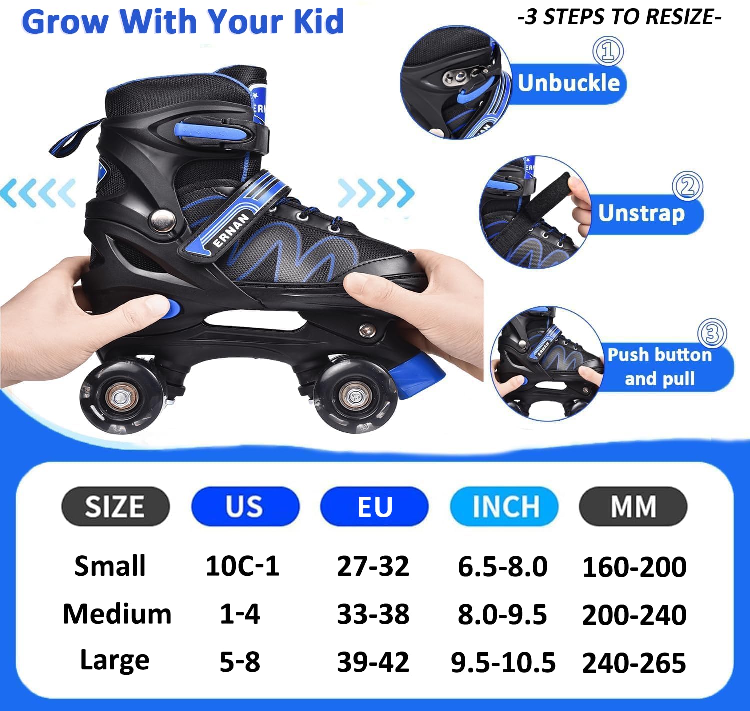ERNAN Kids Roller Skates | 8 Light Up Wheels | 4 Size Adjustable - Blue