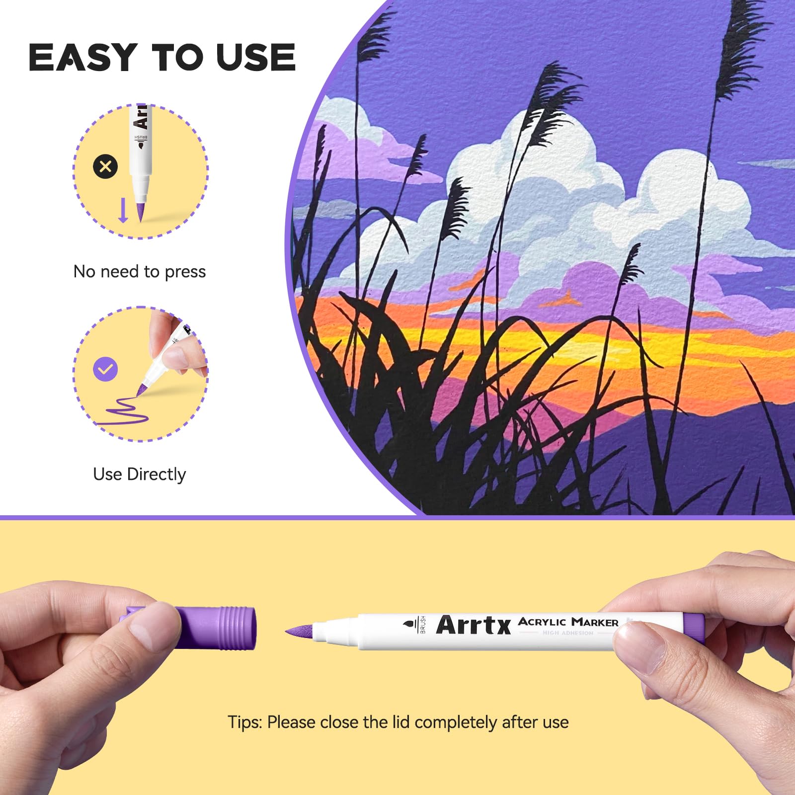 Arrtx Acrylic Paint Pens | 48 Colors Brush Tip Markers for Rock Painting